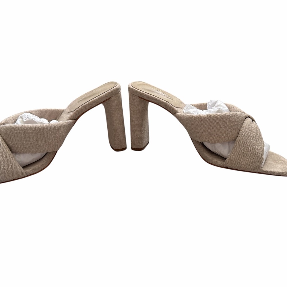 SCHUTZ Fairy High Casual Nude/Beige Braided High Block Heel Mules